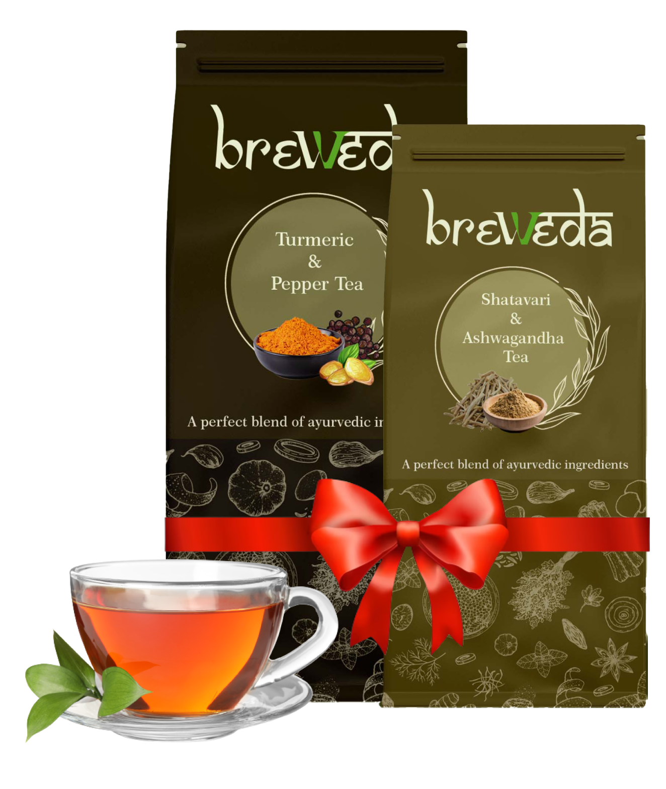 Turmeric & Pepper tea and Shatavari & Ashwagandha tea bags in one combo with a glass of herbal tea.