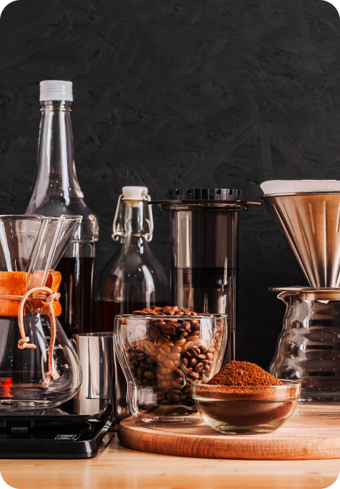All the brew ware that are require for perfect brewing with coffee beans and tea powder.